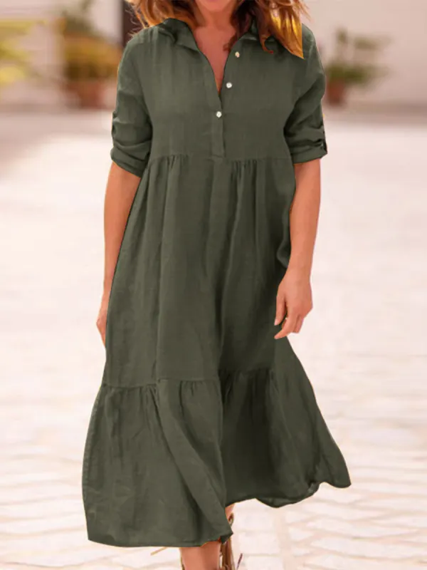 Cotton And Linen Solid Color Lapel Dress - Machoup.com 