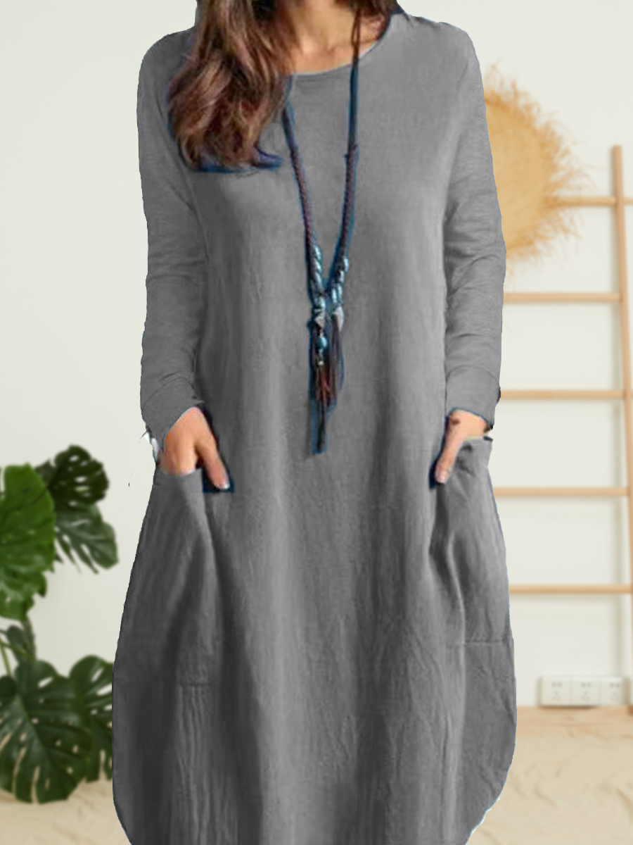 Spring/Summer Cotton Linen Casual Solid Color Pocket Long Sleeve Dress