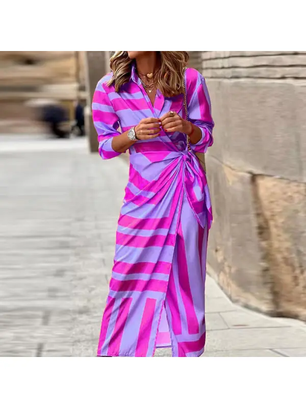 Ladies Elegant V-Neck Tie Waist Print Dress - Ininrubyclub.com 