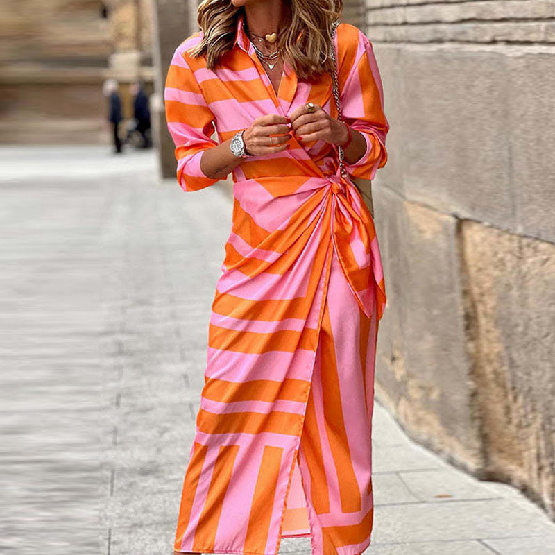 Ladies Elegant V Neck Tie Waist Print Dress