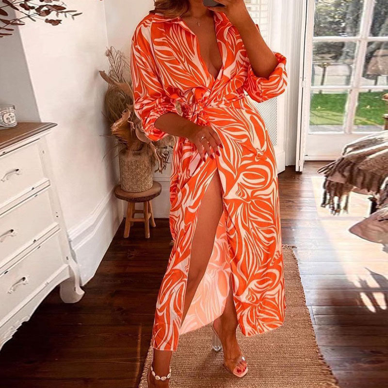 Ladies Elegant V Neck Tie Waist Print Dress
