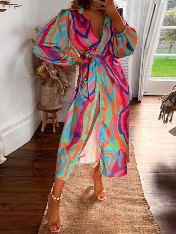Ladies Elegant V Neck Tie Waist Print Dress