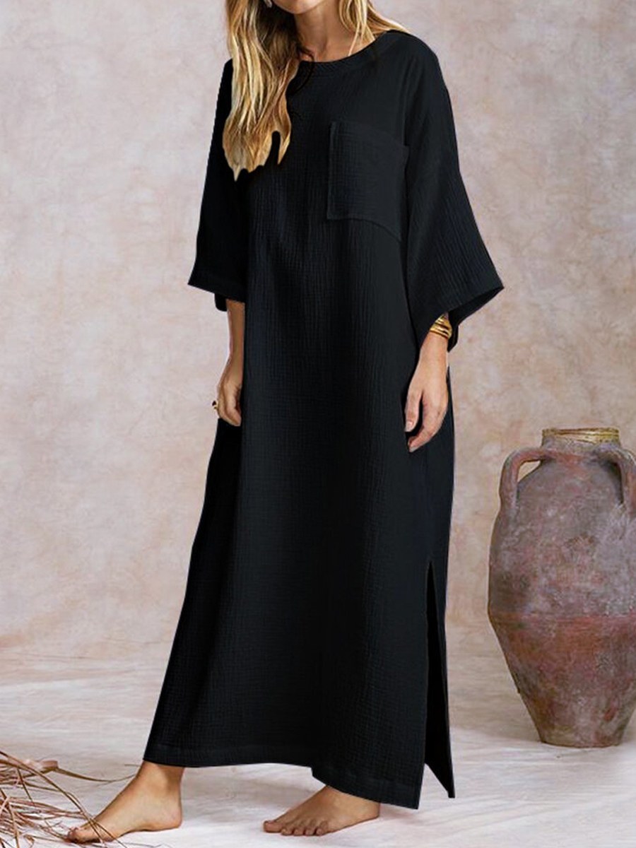 Loose Casual Solid Color Crew Neck Long Sleeve Slit Maxi Dress