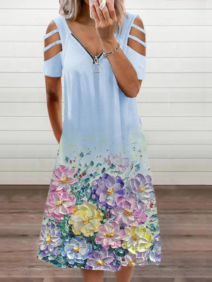 Casual Floral Print V Neck Zip Off Shoulder Short Sleeve Midi Dress