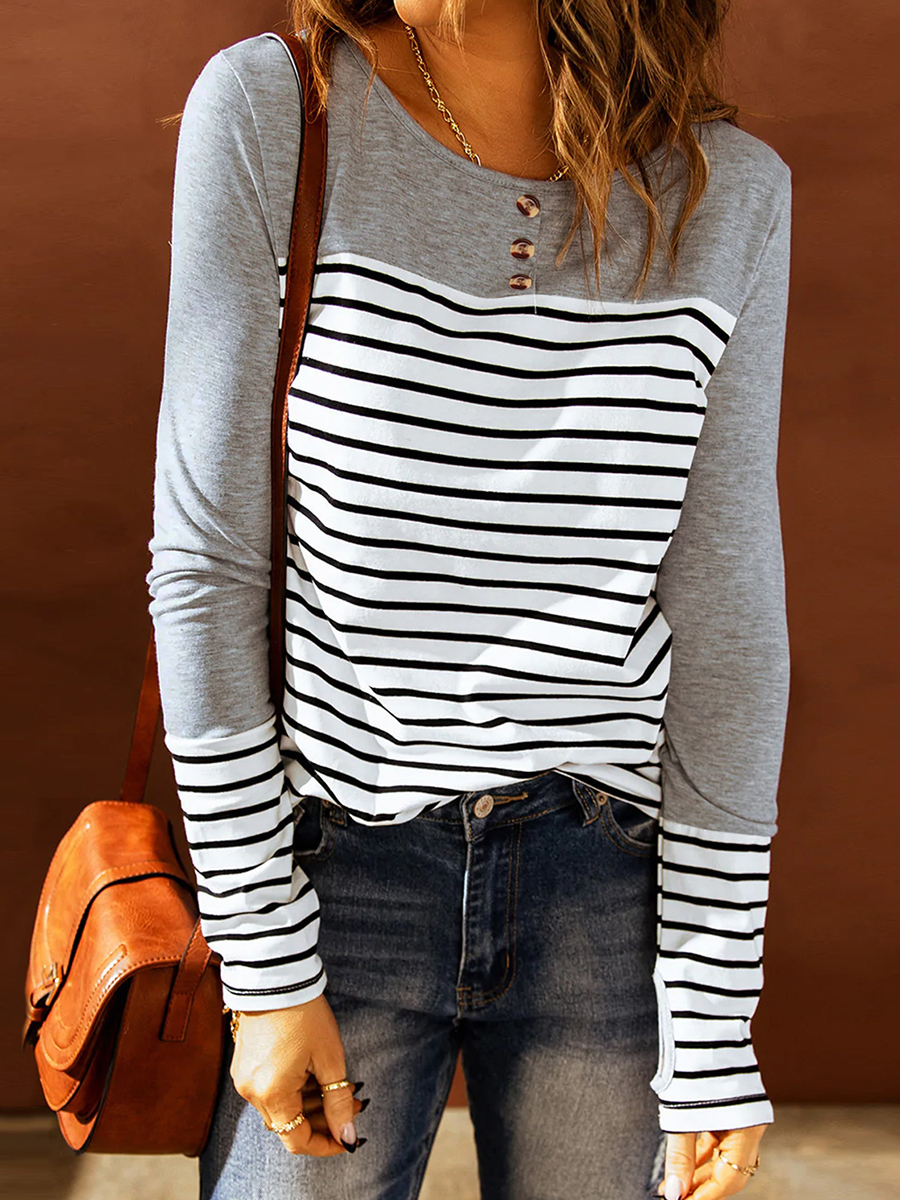 Spring/Fall Striped Crew Neck Long Sleeve T Shirt