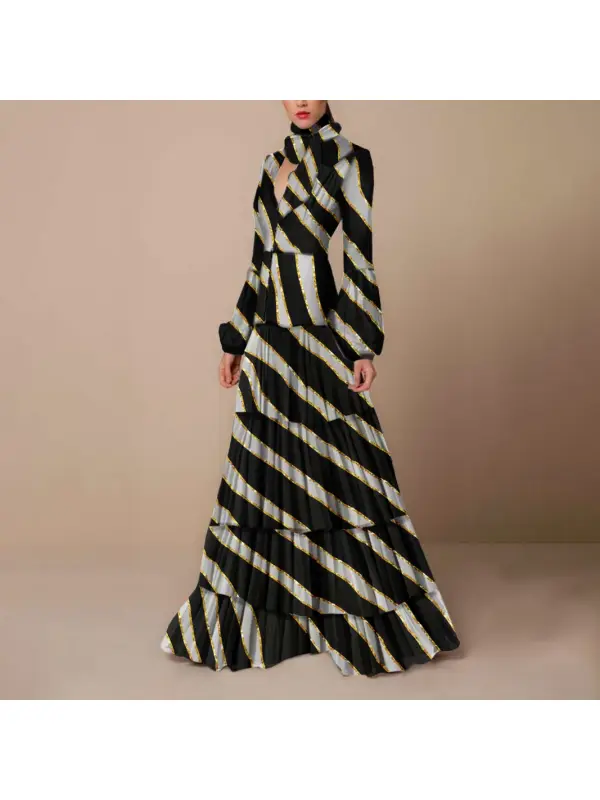 Ladies Elegant Black And White Zebra Print Bronzing Long Dress - Viewbena.com 