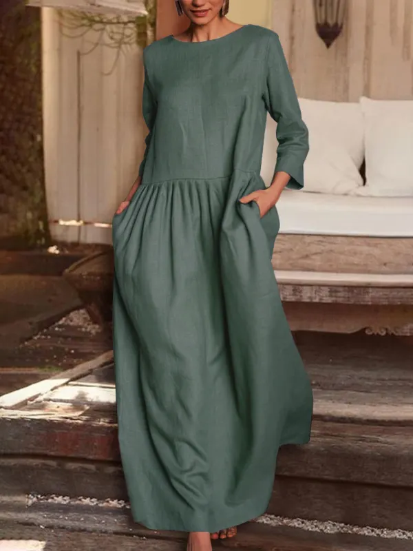 Casual Solid Color Pleated Round Neck Maxi Dress Women - Cominbuy.com 