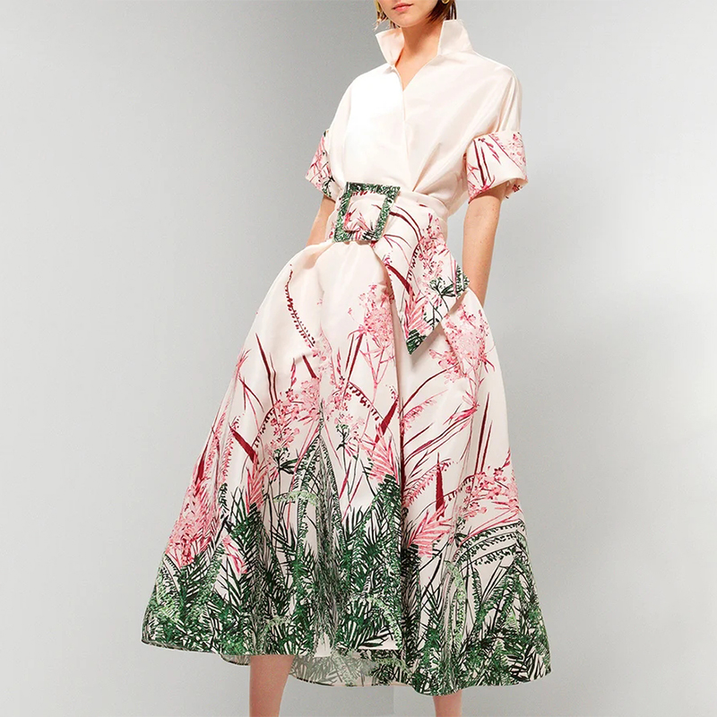 Ladies Elegant Print Belted Dress