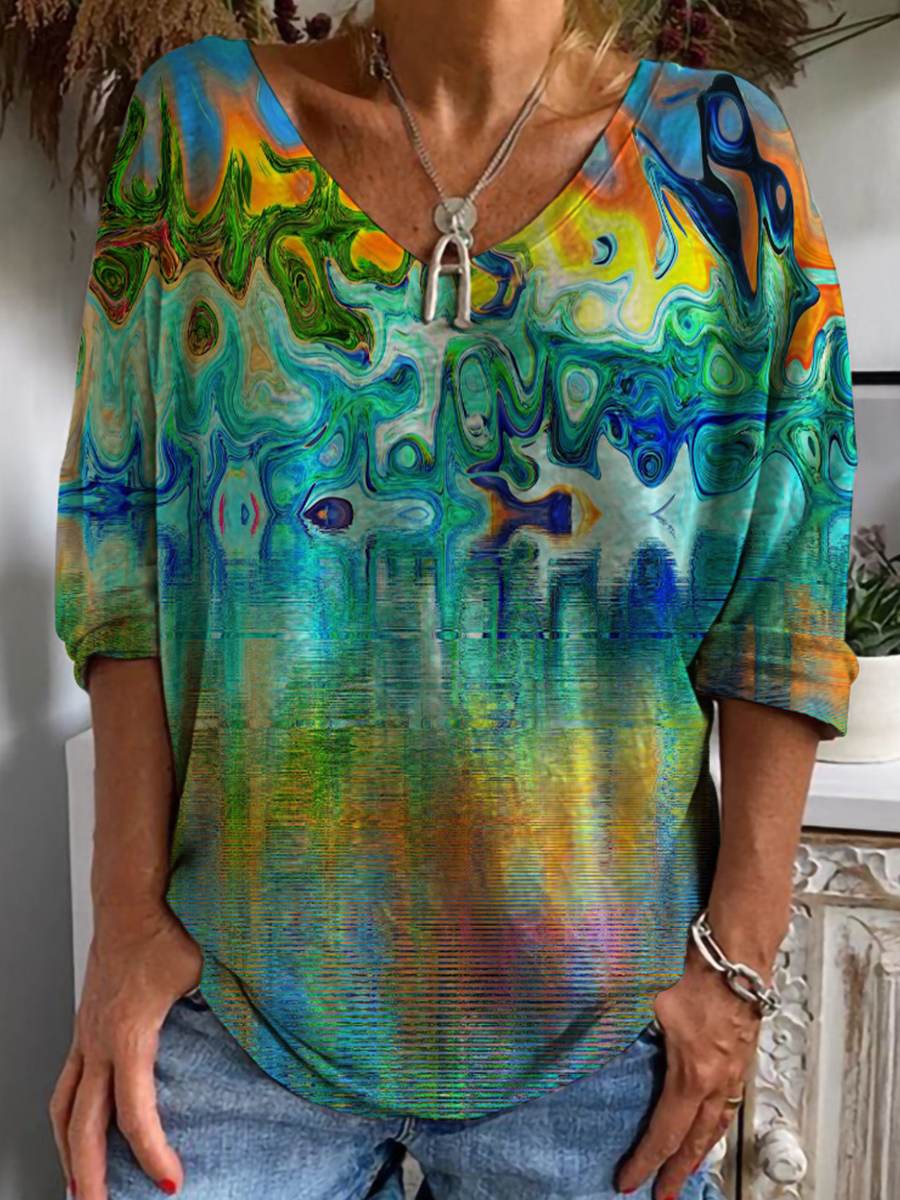 Casual V Neck 3/4 Sleeve Loose Vintage Print T Shirt