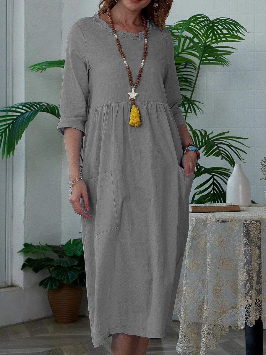 Solid Color 3/4 Sleeve Crew Neck Dress