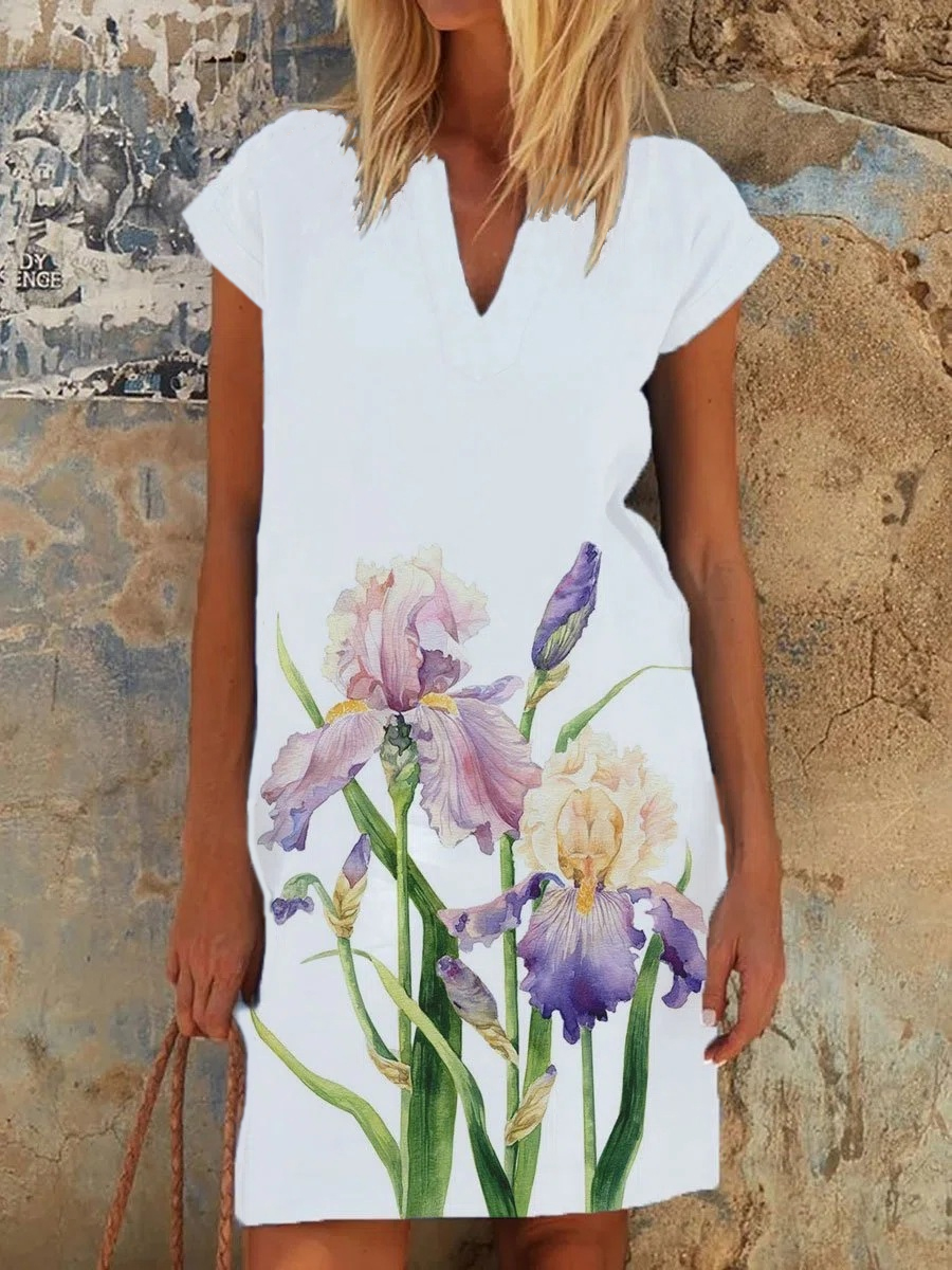 Casual Floral Print V Neck Short Sleeve Short Dress