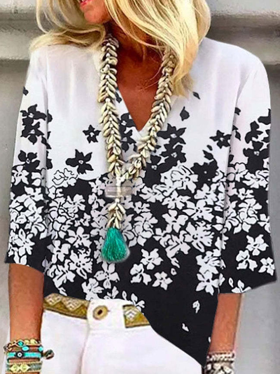 V neck Casual Loose Floral Print Short Sleeve Blouse