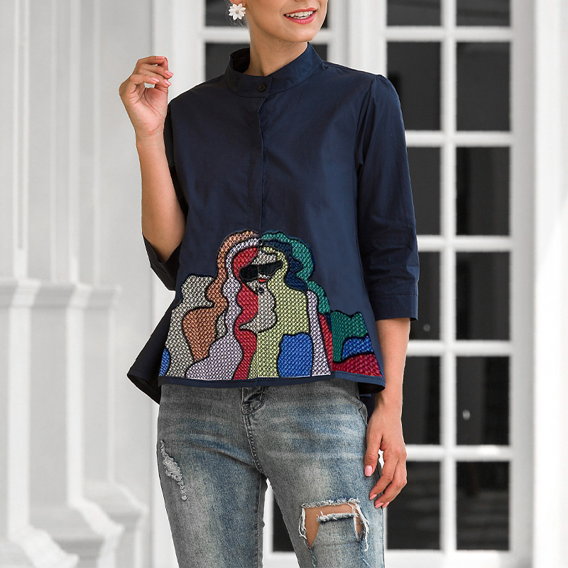 Ladies Fashion Casual Mid Sleeve Embroidered Shirt