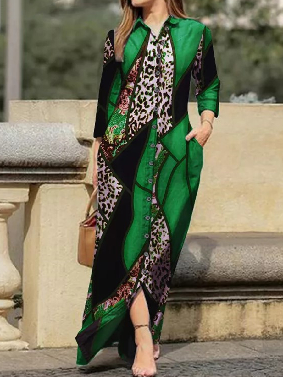 Holiday Casual Lapel Long Sleeve Printed Cotton Dress