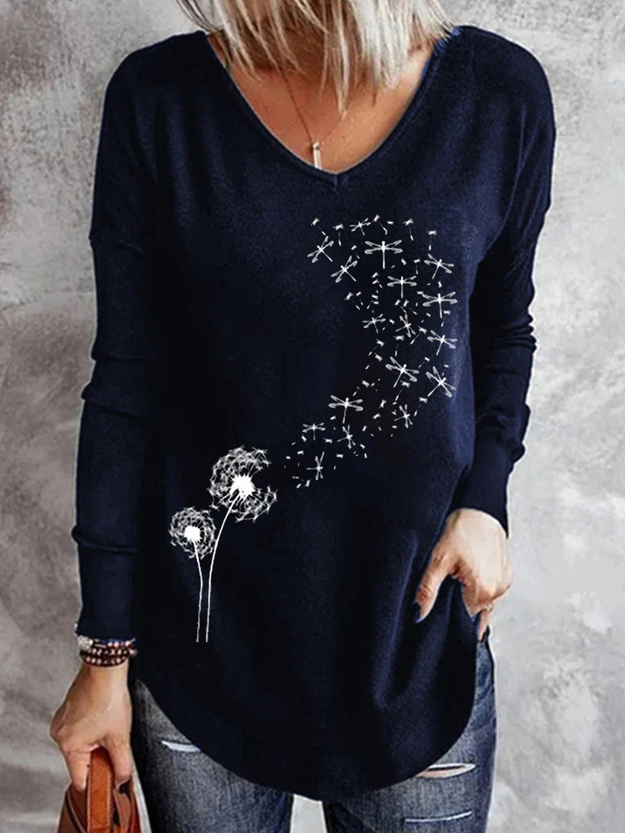 V Neck Dandelion Print Long Sleeve T Shirt