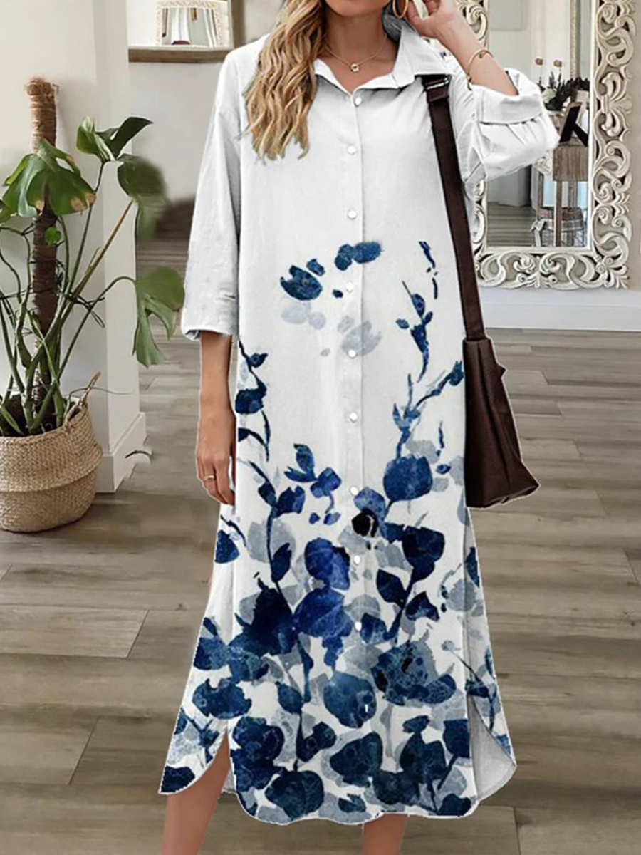 Fashion Long Sleeve Floral Button Print Shirt Dress