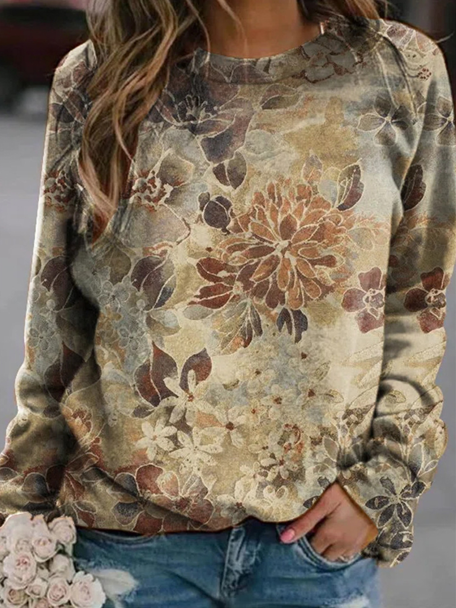 Fall/Winter Floral Print Long Sleeve Crewneck Sweatshirt