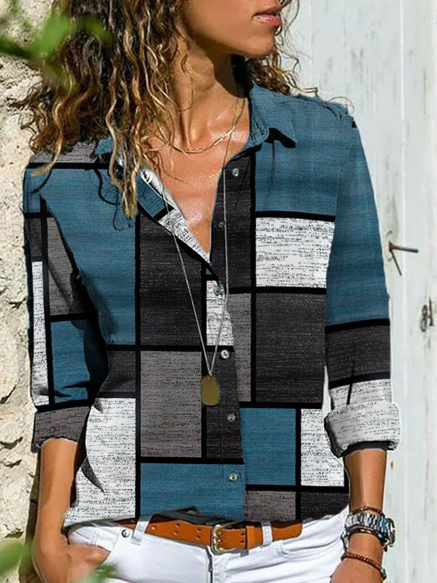 Casual Loose Contrast Geometric Print Long Sleeve Blouse