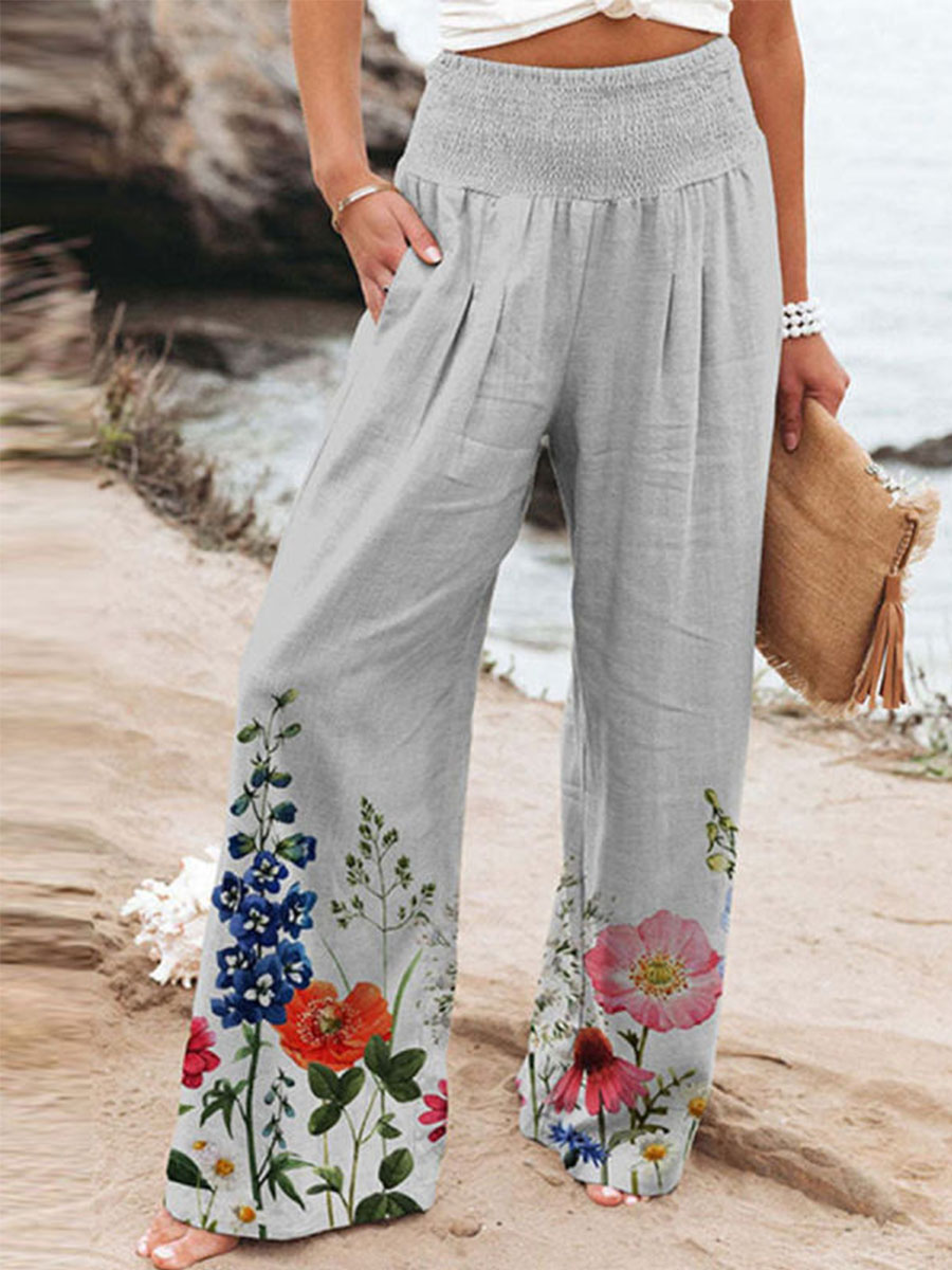 Casual Cotton Blend Floral Print Long Pants