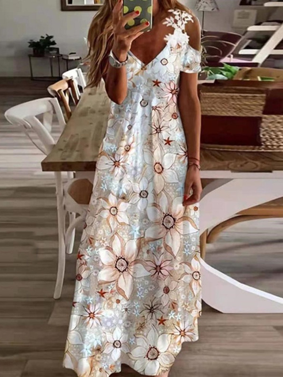 Casual Floral Print Panel V Neck Short Sleeve Maxi Dress