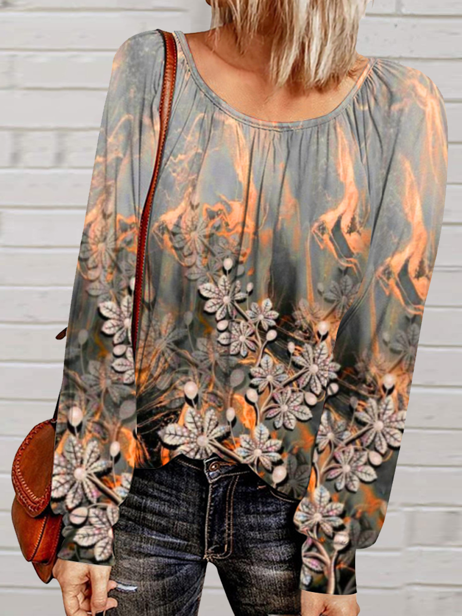 Casual Floral Print Crew Neck Long Sleeve T Shirt