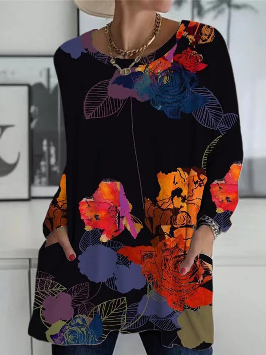 Casual Floral Print Crew Neck Pocket Long Sleeve T Shirt