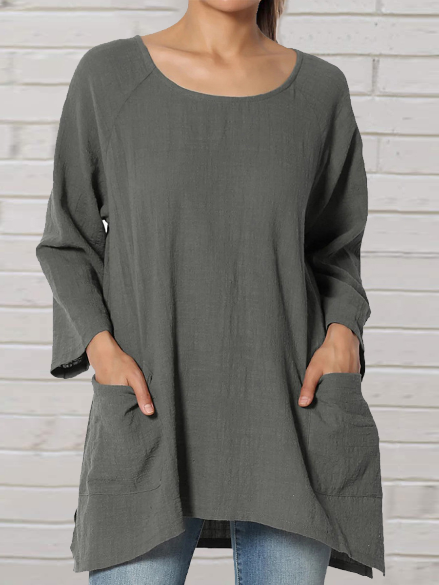 Casual Loose Solid Color Round Neck Three Quarter Sleeve Blouse