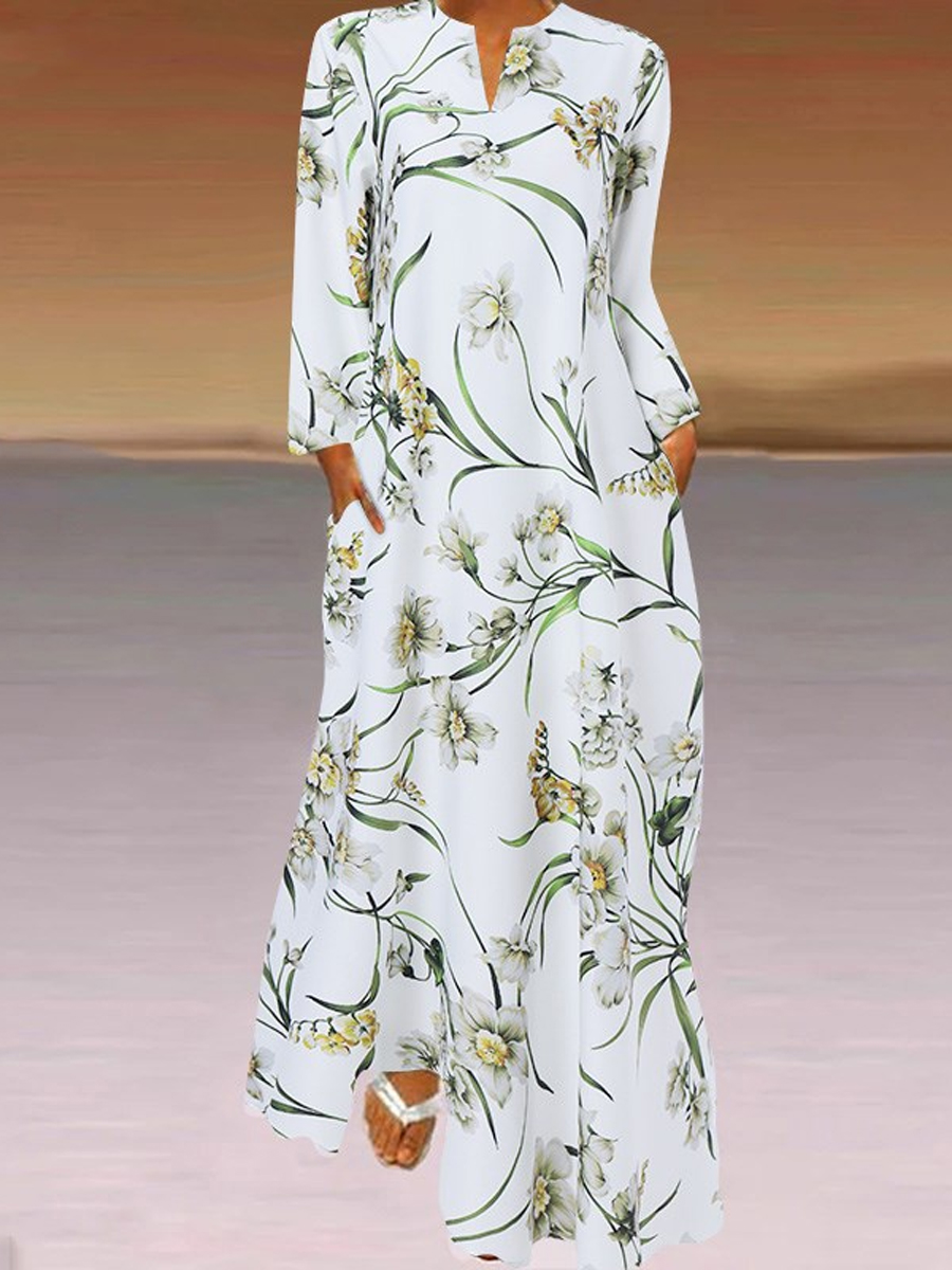 Casual Floral Print V Neck Long Sleeve Maxi Dress
