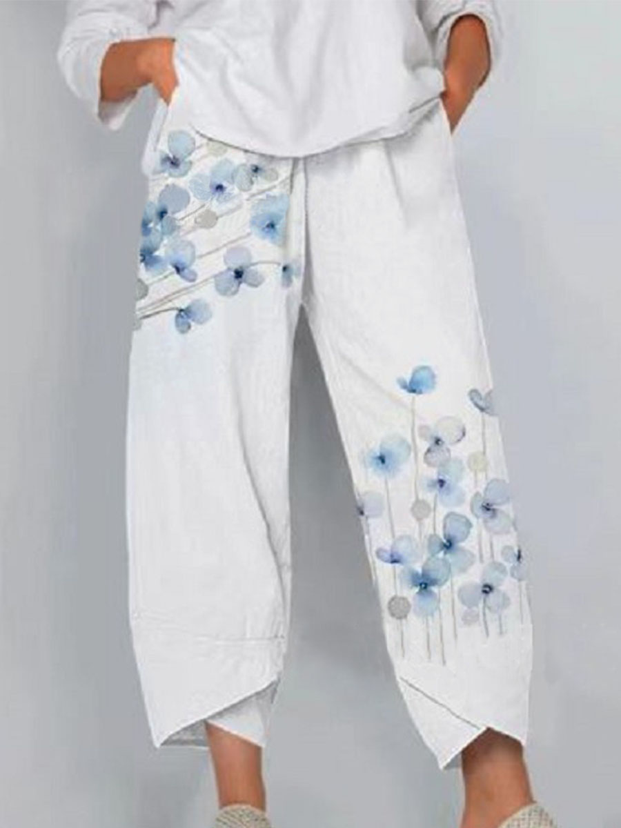 Casual Loose Floral Print Elastic Waist Pants