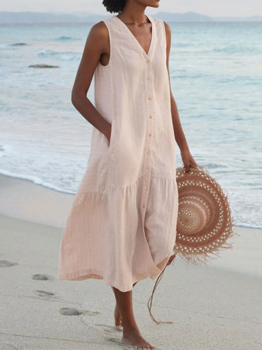 V neck Casual Loose Solid Color Cardigan Vacation Sleeveless Midi Dress