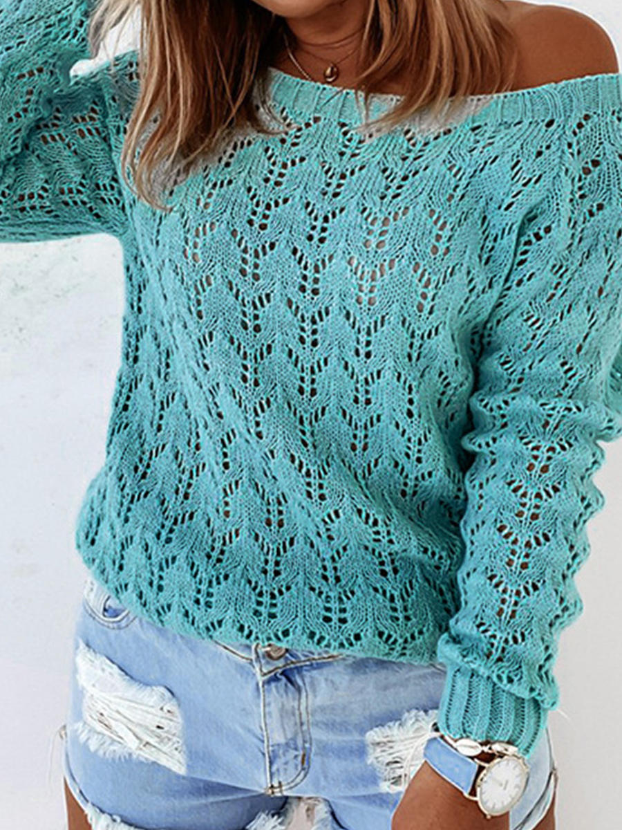 Fall/Winter Knitted Solid Color Hollow Pullover Round Neck Loose Sweater