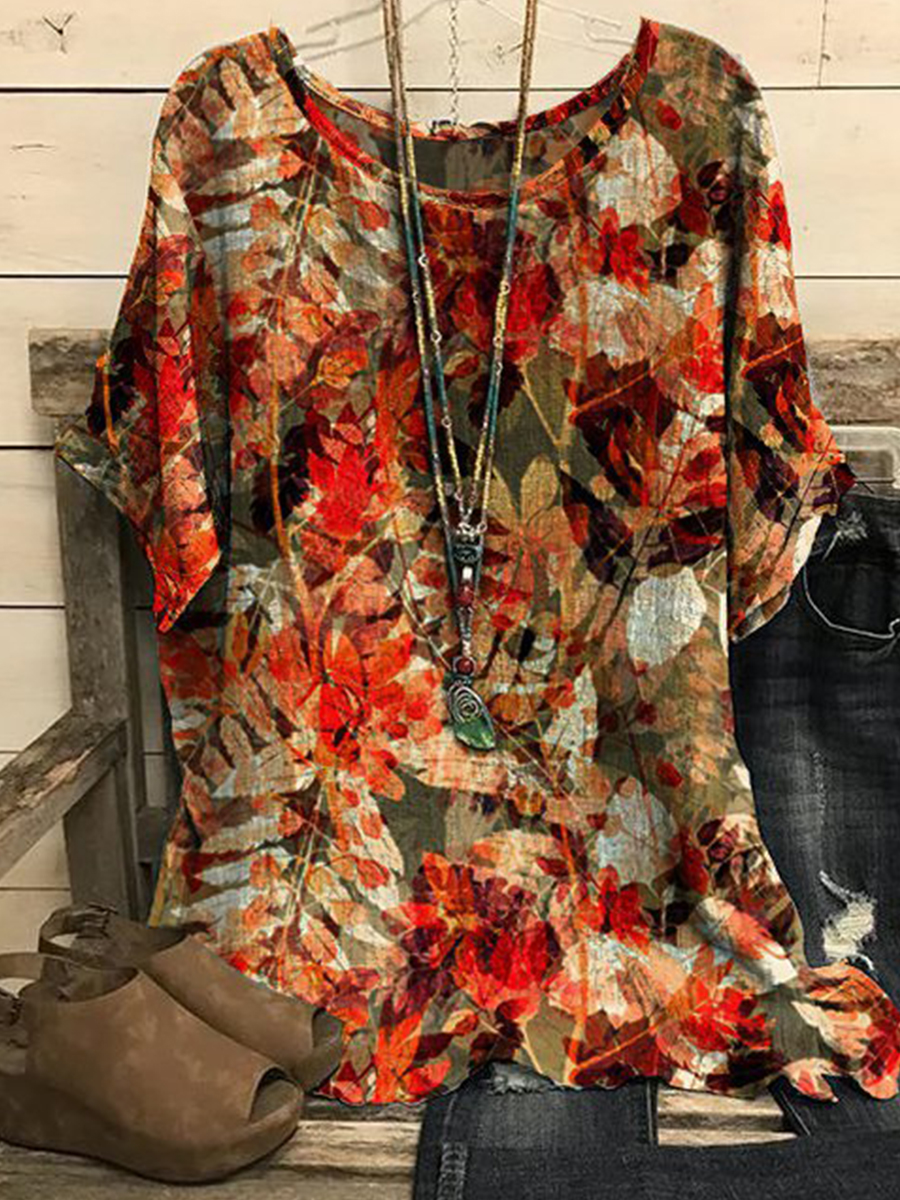 Summer Crew Neck Leaf Print Casual Short Sleeve Blouse