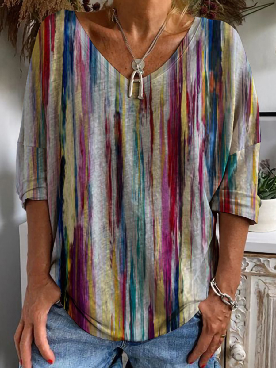 Casual V Neck Half Sleeve Loose Print T Shirt