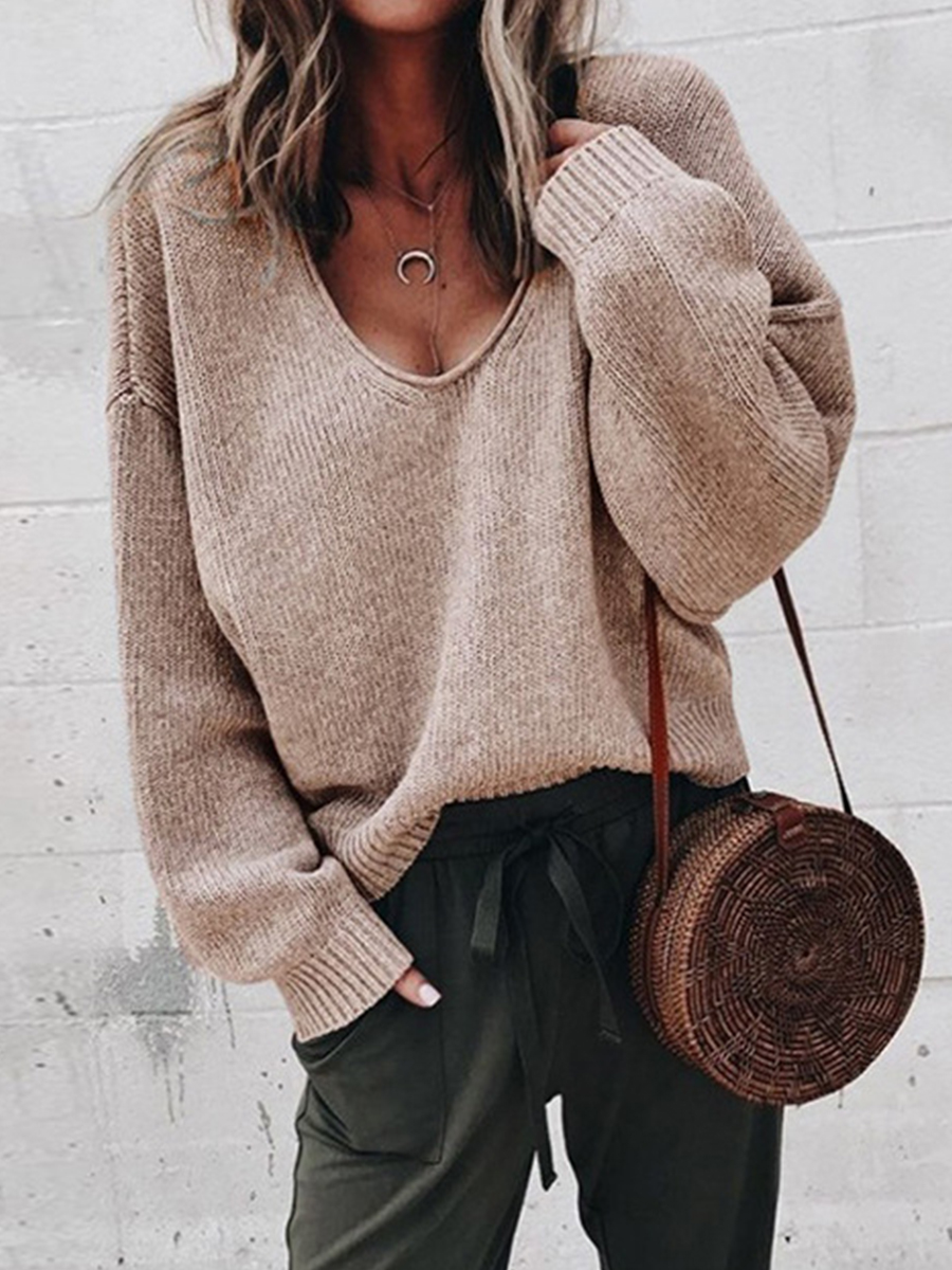 Casual V Neck Solid Color Long Sleeve Sweater