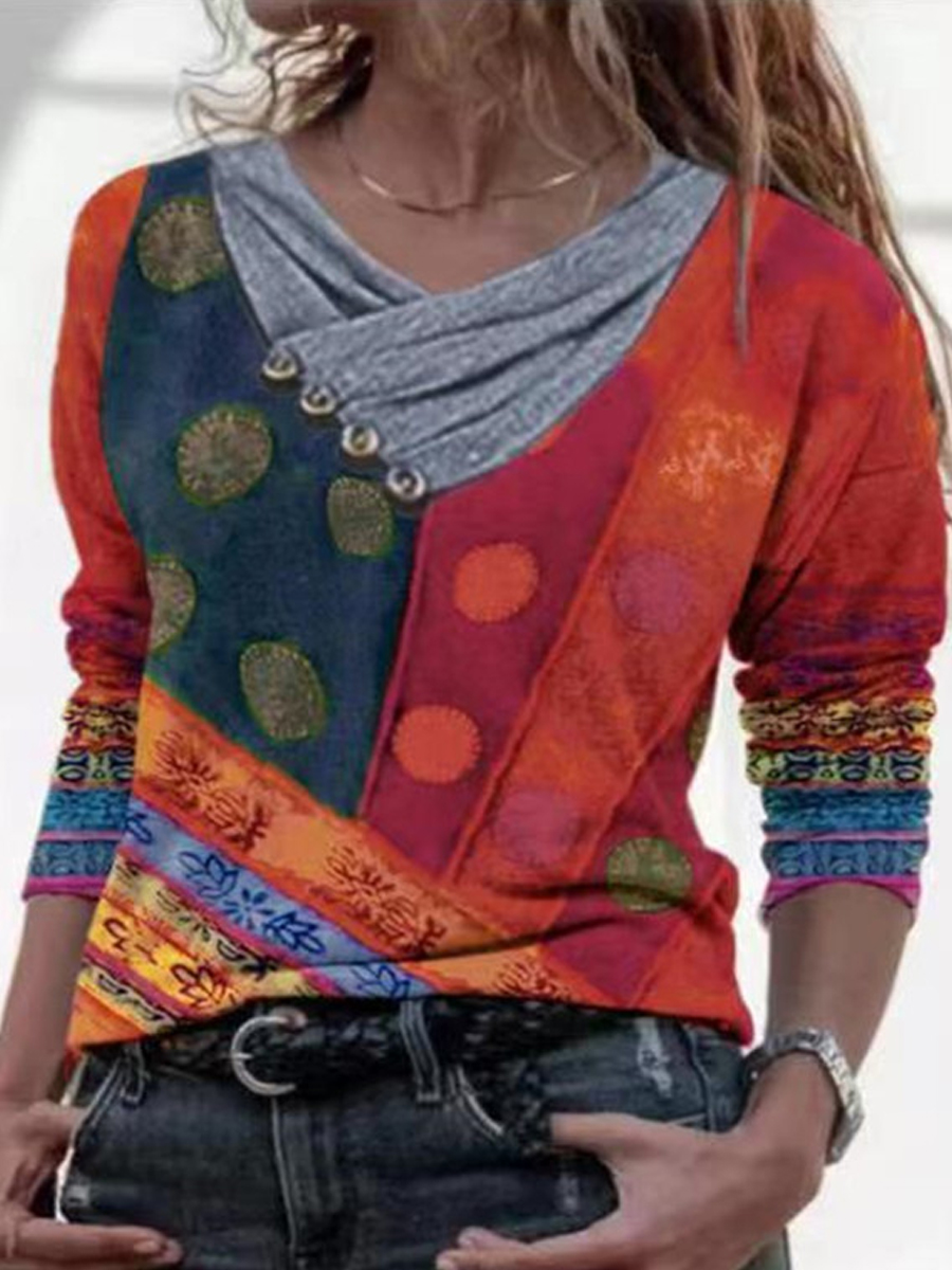 Casual V Neck Vintage Print T Shirt