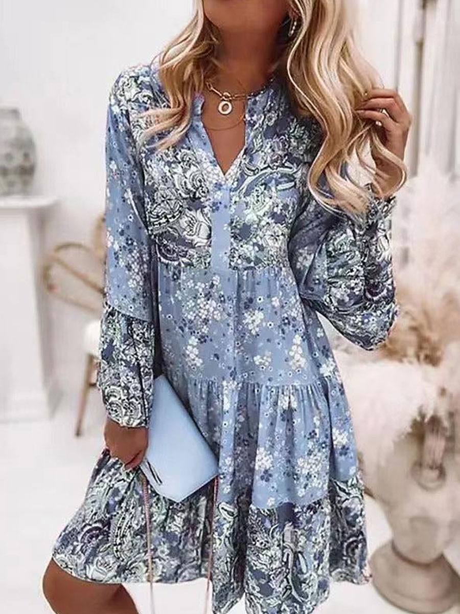 V neck Casual Loose Vintage Print Panel Long Sleeve Short Dress