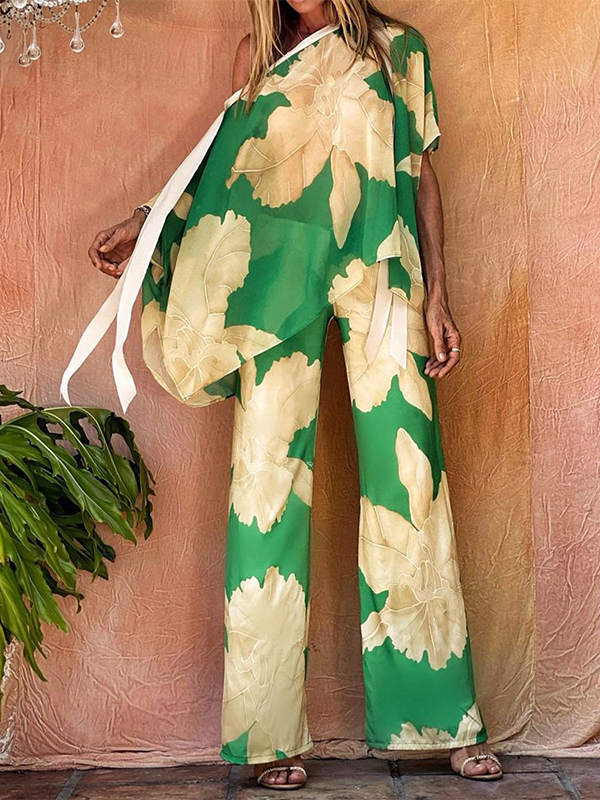 Ladies Elegant Fashion Print Top Trousers Set