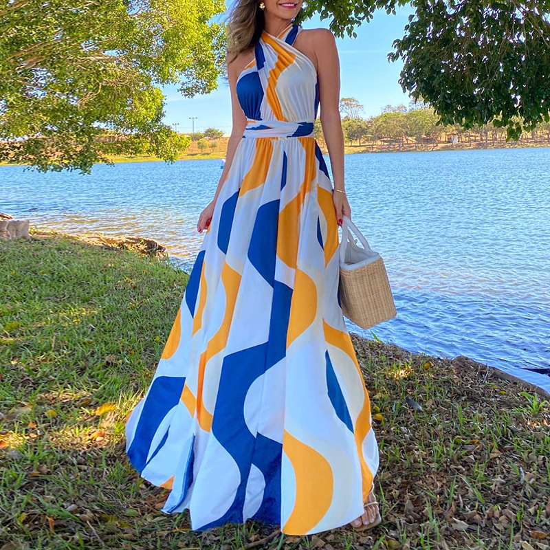 Ladies Elegant Print Halter High Waist Slit Dress