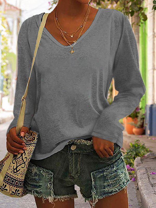 V neck Casual Loose Solid Color Long Sleeve T shirt