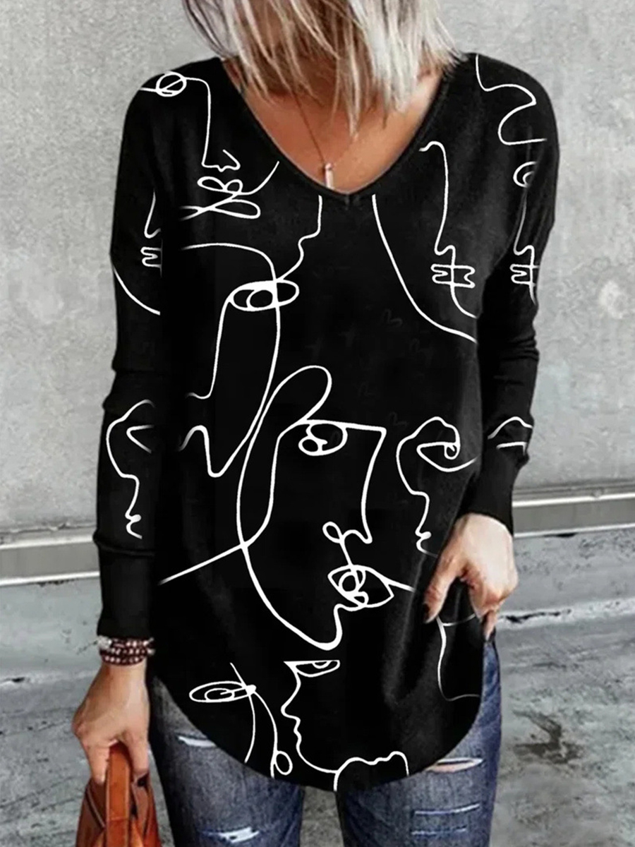 Fall V neck Long sleeve Printed T shirt