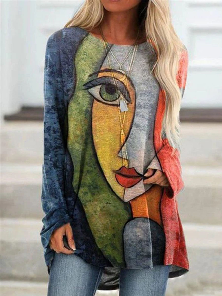 Round Neck Art Face Print Casual Loose Long sleeved T Shirt