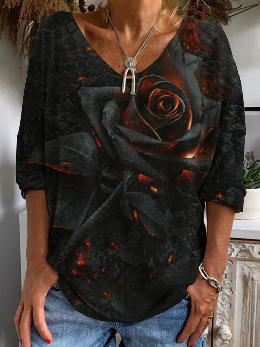 Casual V Neck Loose Floral Print Half Sleeve T Shirt