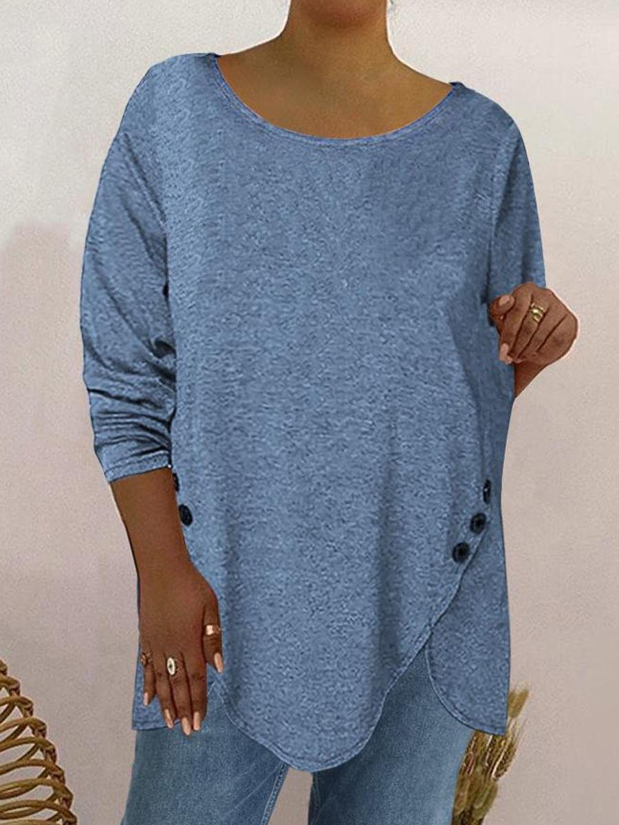 Casual Solid Color Irregular Hem Button Crew Neck Long Sleeve T Shirt