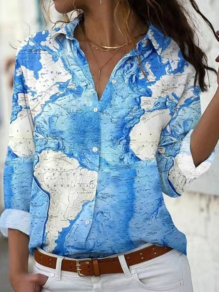 Casual Abstract Print Lapel Long Sleeve Shirt