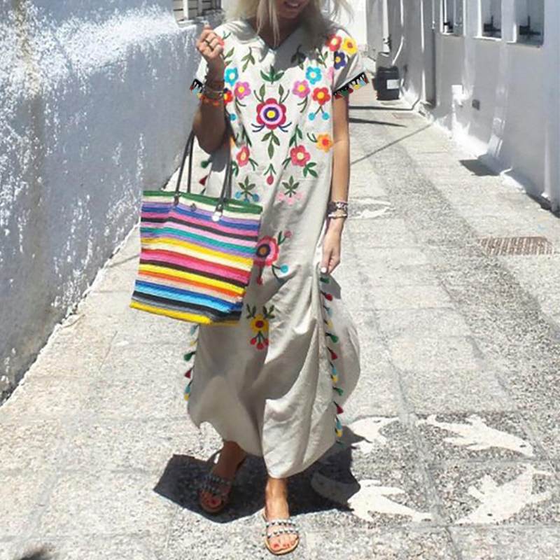 Bohemian Maxi Dress With Colorful Fringes On The Sides