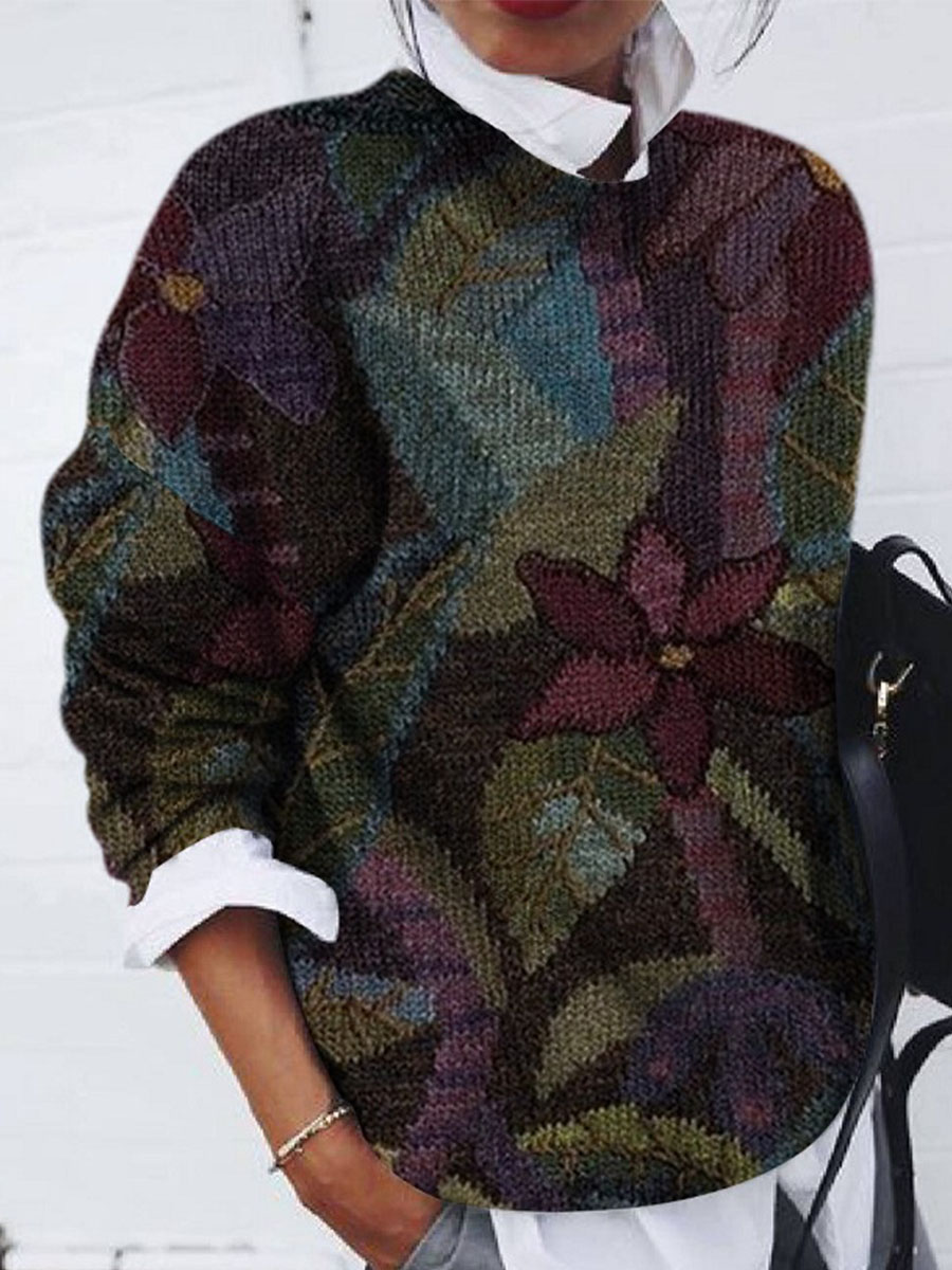 Casual Floral Crew Neck Long Sleeves Sweater