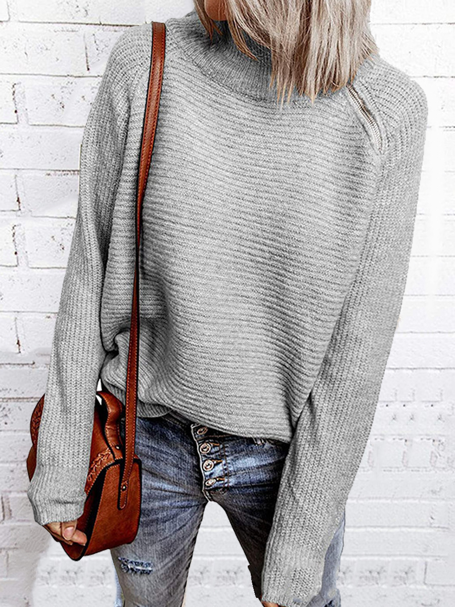 Casual Solid Zip Turtleneck Long Sleeve Sweater
