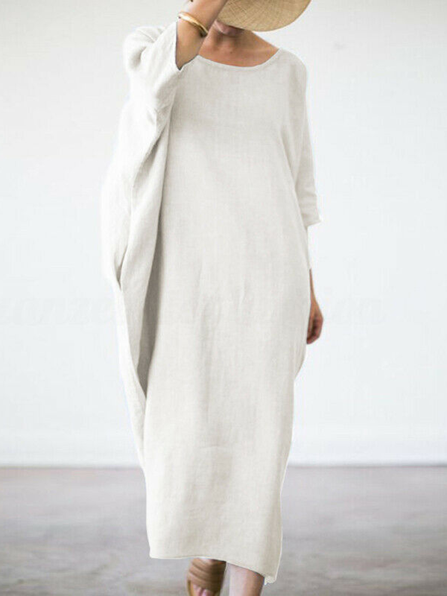Loose Solid Color Bat Crew Neck Long Sleeve Maxi Dress