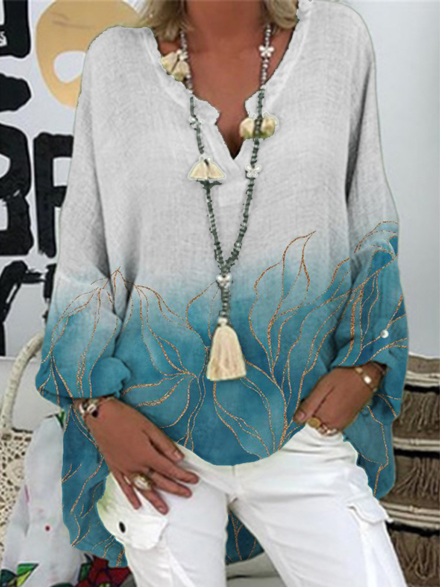 Loose Casual Floral Print V Neck Long Sleeve Shirt