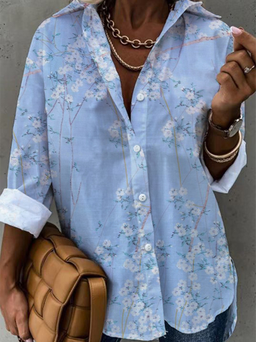 Casual Vintage Print Lapel Long Sleeve Shirt